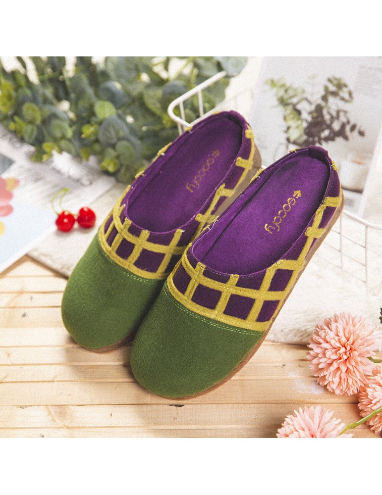 Slippers - SOCOFY Natural Solid Color Round Toe Plaid Detail Edge Slip On Indoor Flat Home Shoes Slippers
