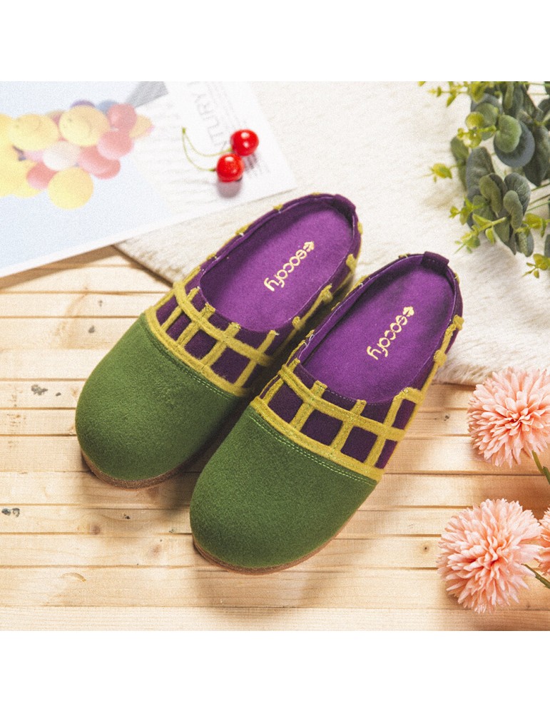 Slippers - SOCOFY Natural Solid Color Round Toe Plaid Detail Edge Slip On Indoor Flat Home Shoes Slippers