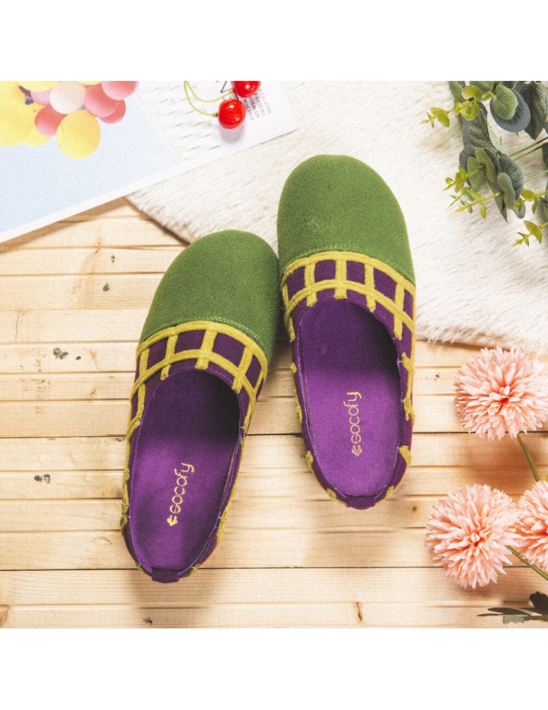 Slippers - SOCOFY Natural Solid Color Round Toe Plaid Detail Edge Slip On Indoor Flat Home Shoes Slippers