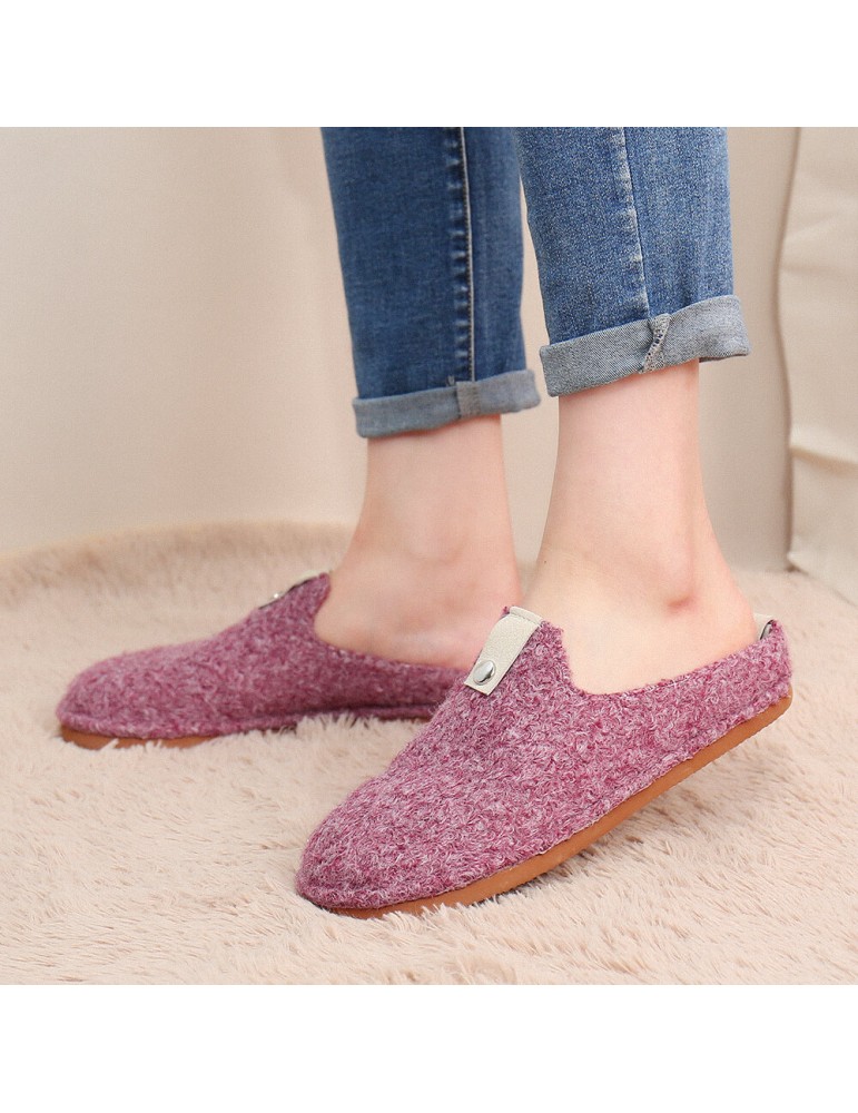 Solid Color Metal Buckle Household Cotton Slip On Indoor Flat Home Shoes Slippers