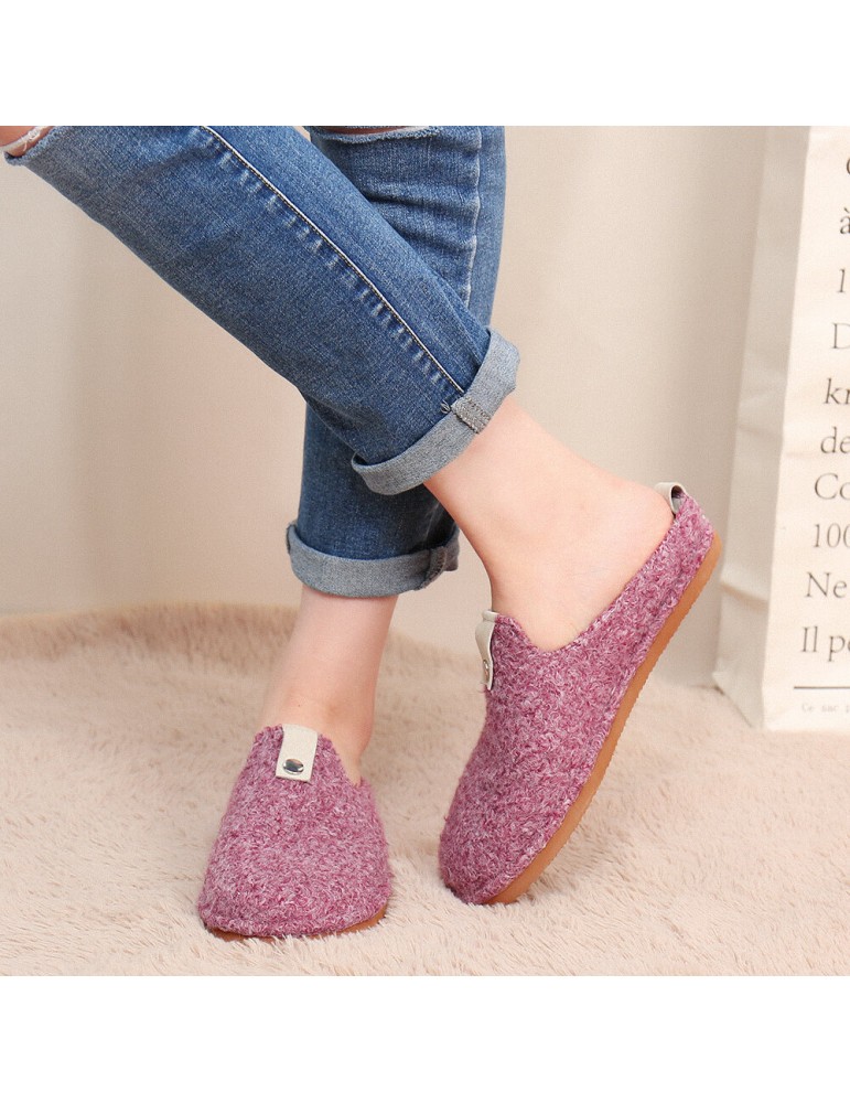 Solid Color Metal Buckle Household Cotton Slip On Indoor Flat Home Shoes Slippers