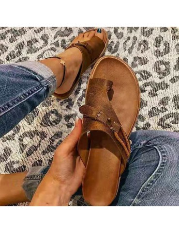 Women Vintage Rivet Woven Laces Solid Clip Toe Flat Casual Slippers