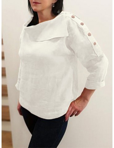 Cotton Solid Color Irregular Lapel Design Decorative Button European Casual Blouse