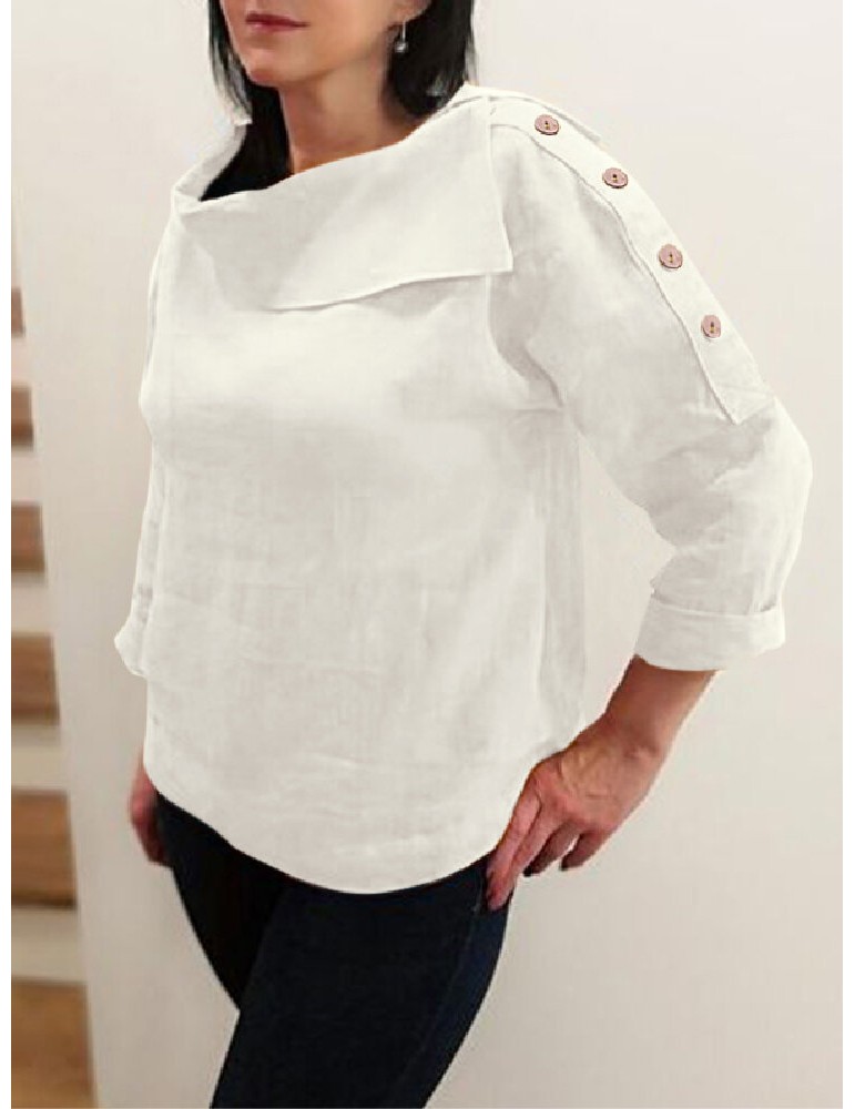 Blouses & Shirts - Cotton Solid Color Irregular Lapel Design Decorative Button European Casual Blouse