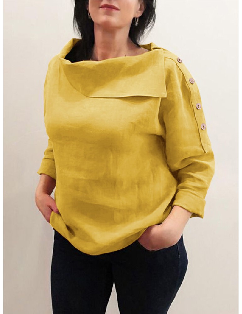 Blouses & Shirts - Cotton Solid Color Irregular Lapel Design Decorative Button European Casual Blouse