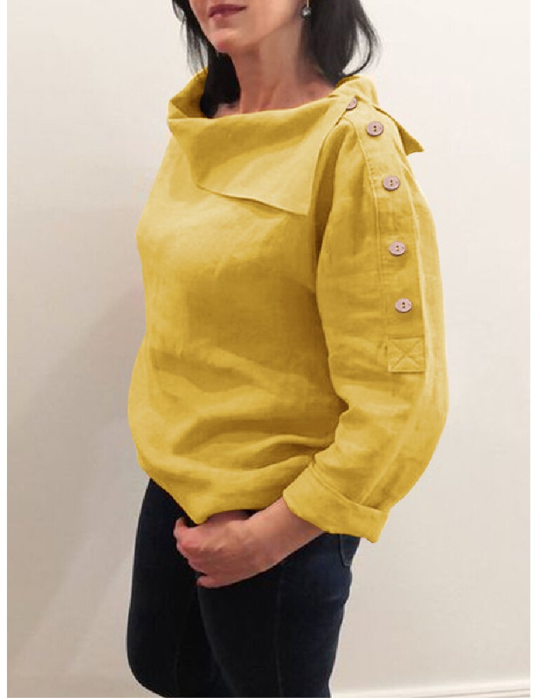 Blouses & Shirts - Cotton Solid Color Irregular Lapel Design Decorative Button European Casual Blouse