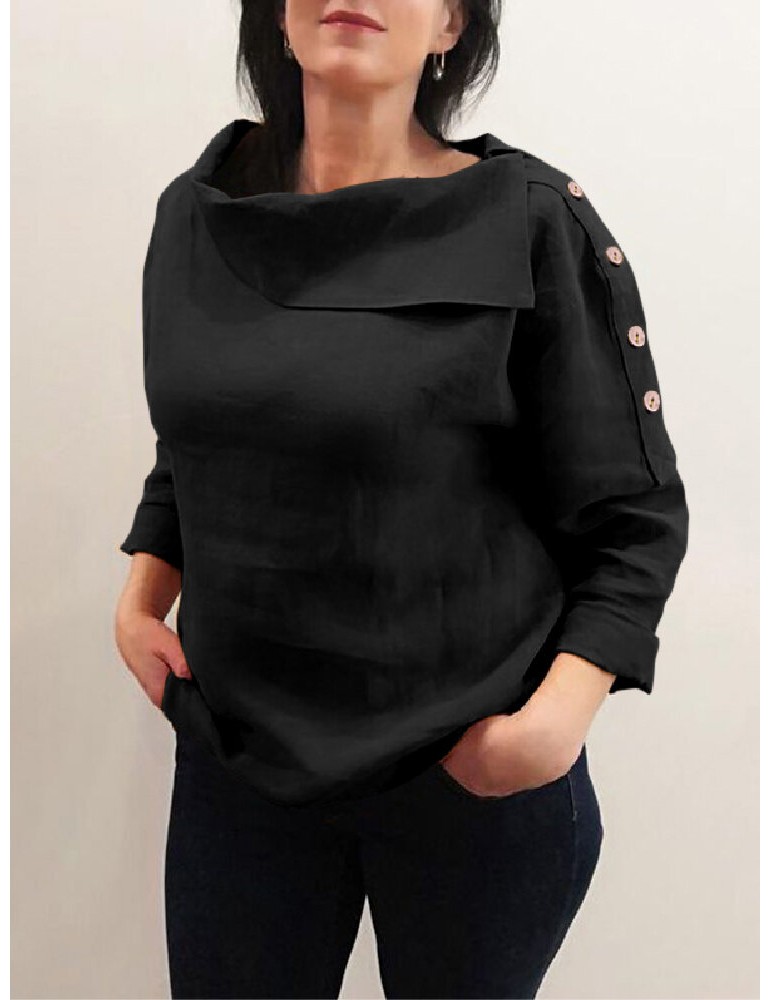 Blouses & Shirts - Cotton Solid Color Irregular Lapel Design Decorative Button European Casual Blouse