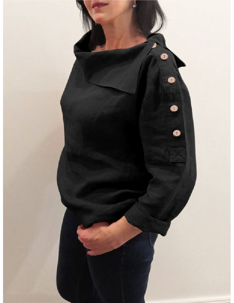Blouses & Shirts - Cotton Solid Color Irregular Lapel Design Decorative Button European Casual Blouse
