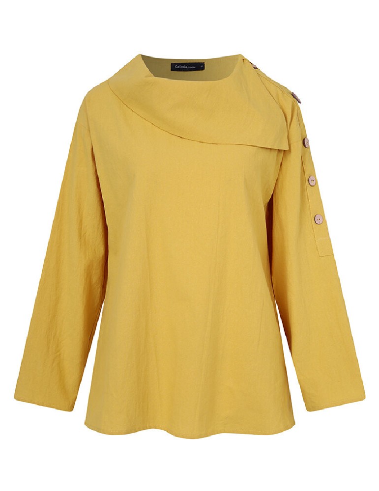 Blouses & Shirts - Cotton Solid Color Irregular Lapel Design Decorative Button European Casual Blouse