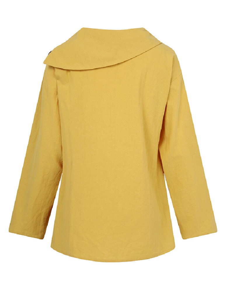 Blouses & Shirts - Cotton Solid Color Irregular Lapel Design Decorative Button European Casual Blouse