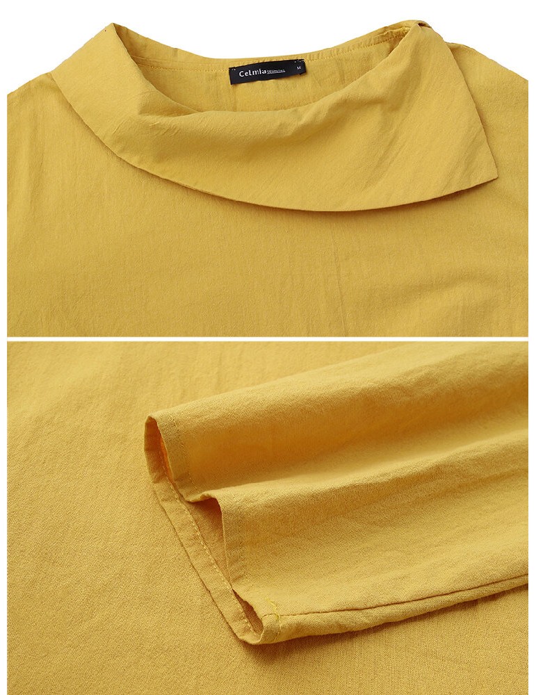 Blouses & Shirts - Cotton Solid Color Irregular Lapel Design Decorative Button European Casual Blouse