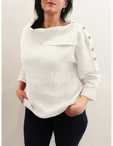 Cotton Solid Color Irregular Lapel Design Decorative Button European Casual Blouse