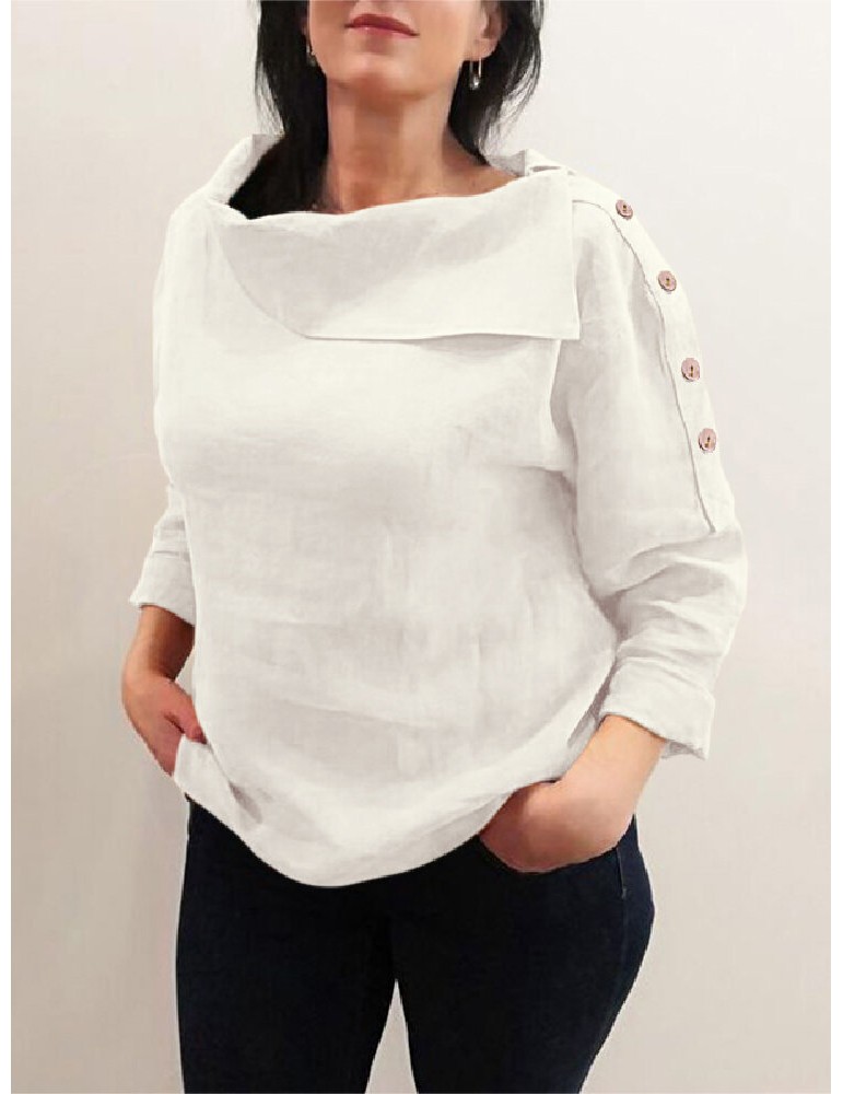 Blouses & Shirts - Cotton Solid Color Irregular Lapel Design Decorative Button European Casual Blouse