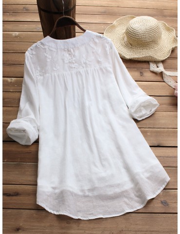 Floral Embroidery V-neck Long Sleeve Irregular Vintage Blouse