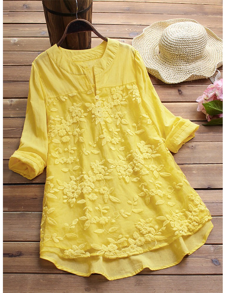 Blouses & Shirts - Floral Embroidery V-neck Long Sleeve Irregular Vintage Blouse