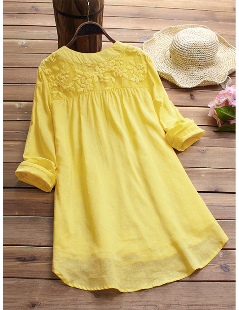 Blouses & Shirts - Floral Embroidery V-neck Long Sleeve Irregular Vintage Blouse