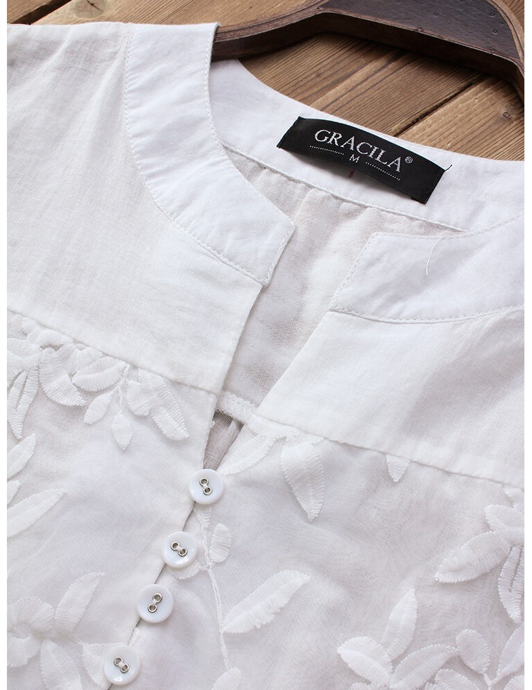 Blouses & Shirts - Floral Embroidery V-neck Long Sleeve Irregular Vintage Blouse