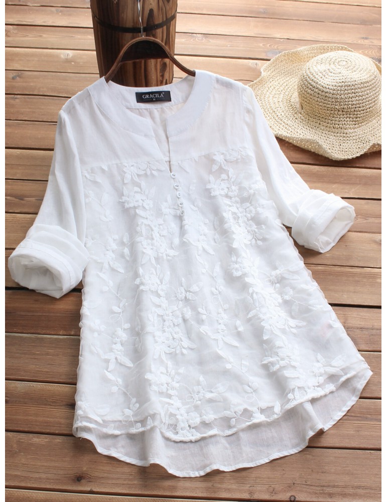 Blouses & Shirts - Floral Embroidery V-neck Long Sleeve Irregular Vintage Blouse