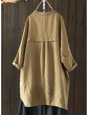 S-5XL Women Long Sleeve Button Down Cotton Asymmetric Vintage Blouse