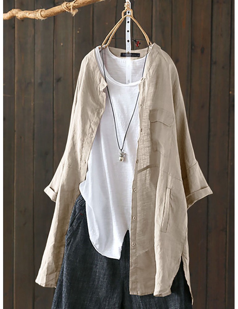 Blouses & Shirts - S-5XL Women Long Sleeve Button Down Cotton Asymmetric Vintage Blouse