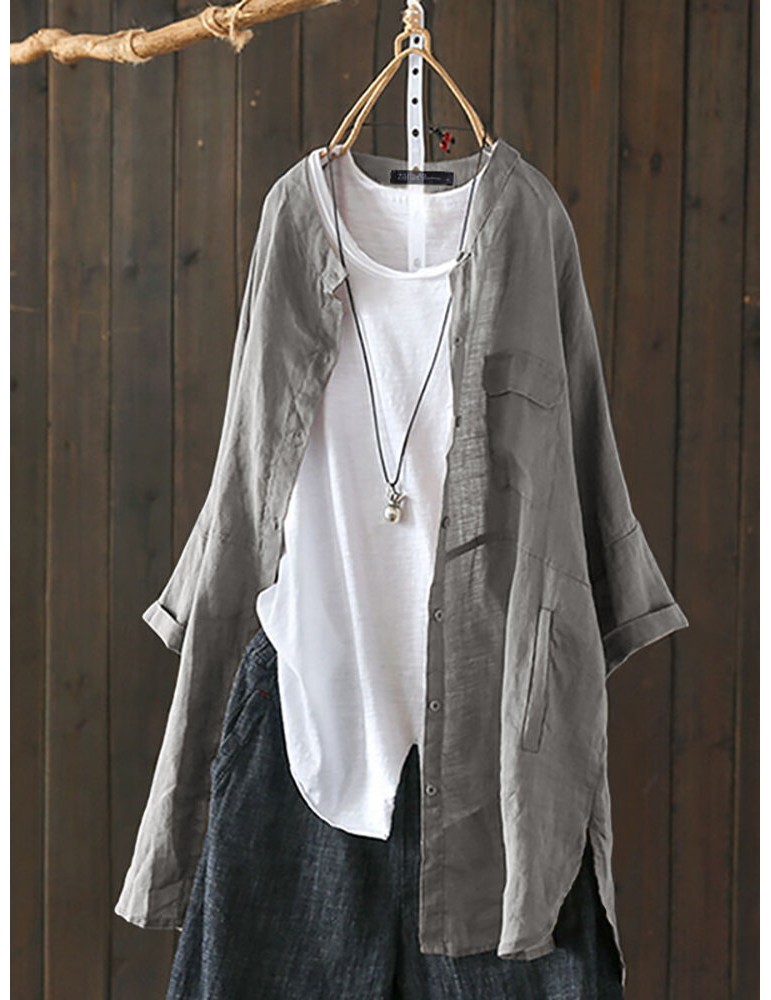 Blouses & Shirts - S-5XL Women Long Sleeve Button Down Cotton Asymmetric Vintage Blouse