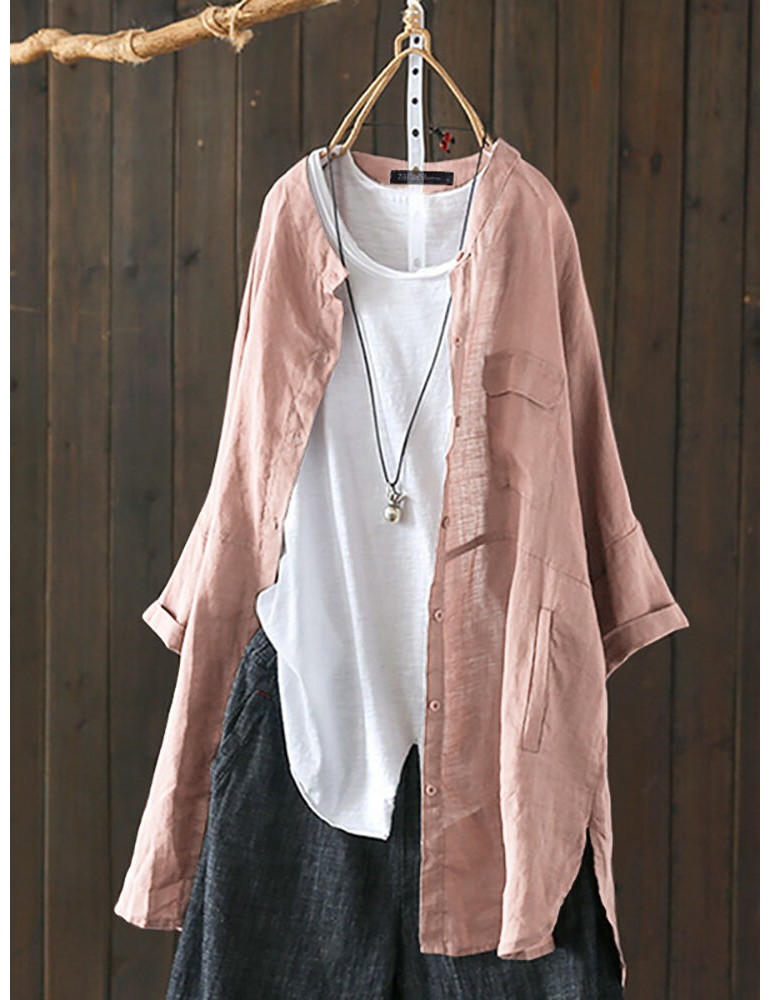 Blouses & Shirts - S-5XL Women Long Sleeve Button Down Cotton Asymmetric Vintage Blouse