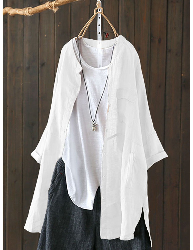Blouses & Shirts - S-5XL Women Long Sleeve Button Down Cotton Asymmetric Vintage Blouse