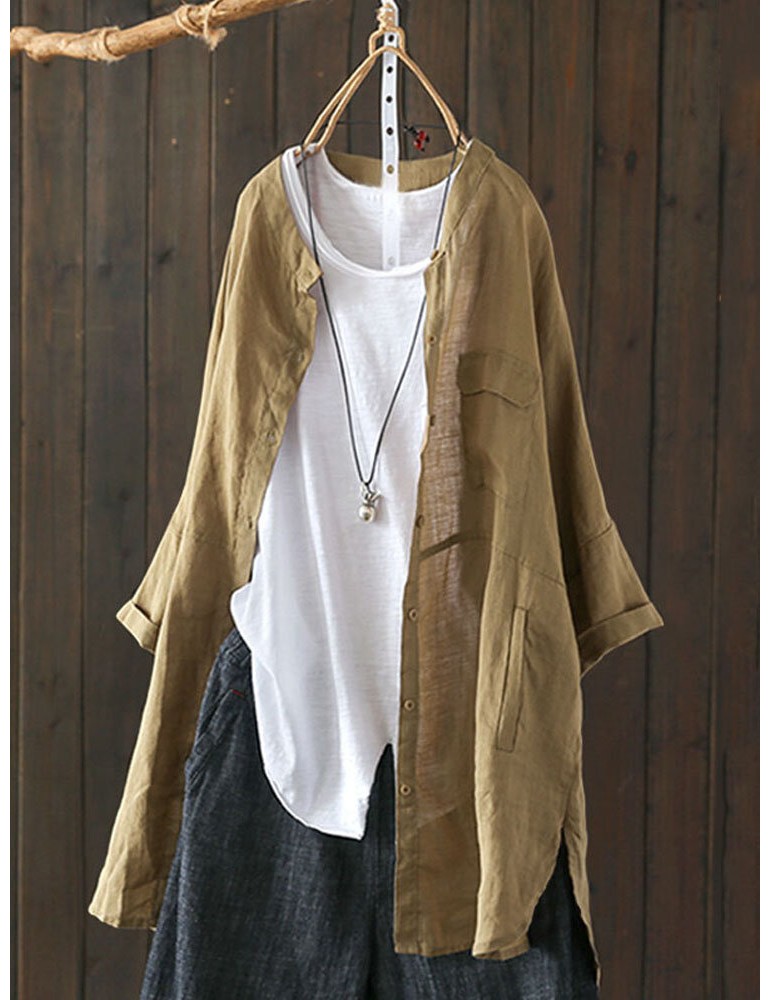 Blouses & Shirts - S-5XL Women Long Sleeve Button Down Cotton Asymmetric Vintage Blouse