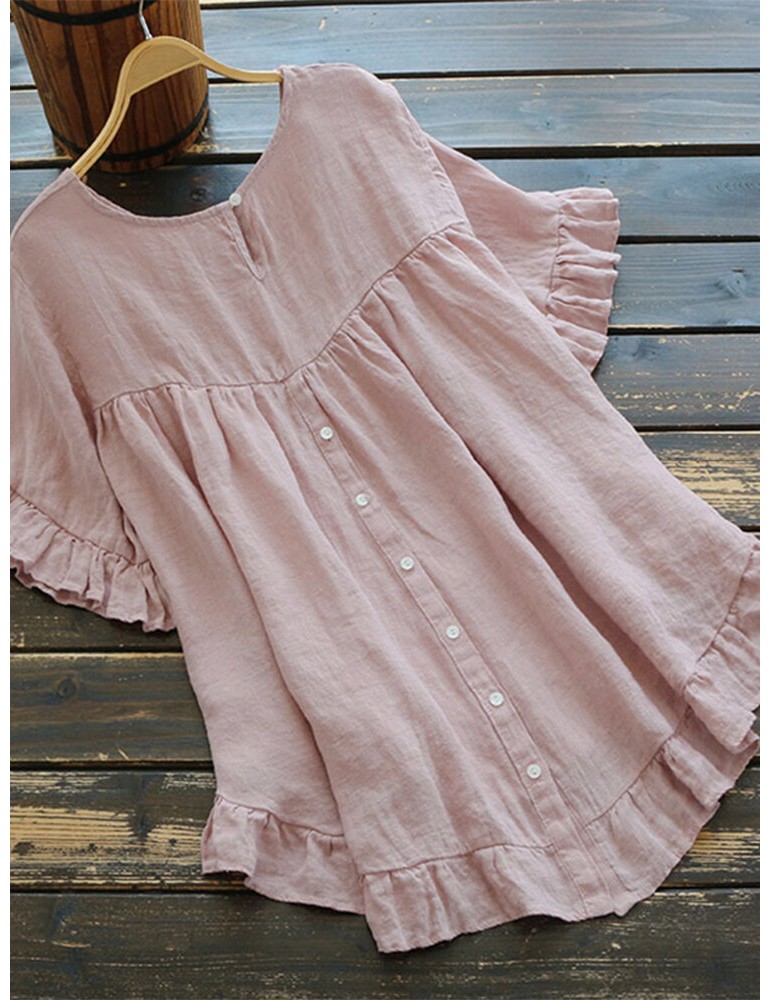 Blouses & Shirts - Solid Color O-neck Ruffle Sleeve Plain Casual Blouse For Women