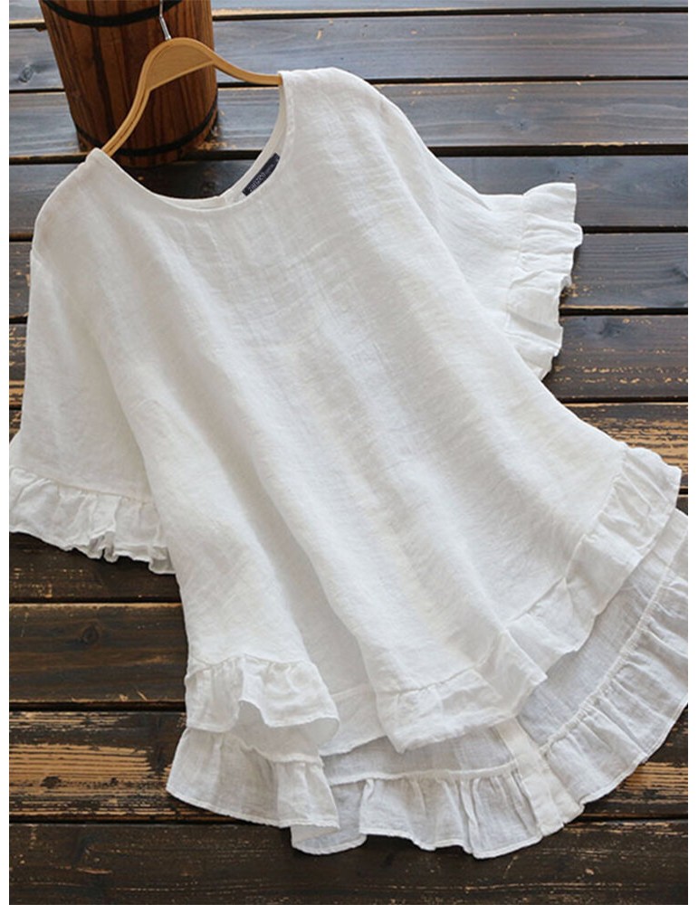 Blouses & Shirts - Solid Color O-neck Ruffle Sleeve Plain Casual Blouse For Women
