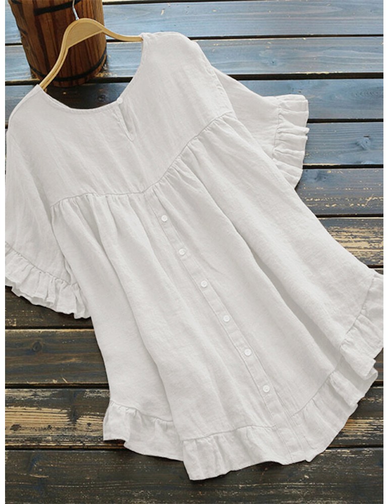 Blouses & Shirts - Solid Color O-neck Ruffle Sleeve Plain Casual Blouse For Women