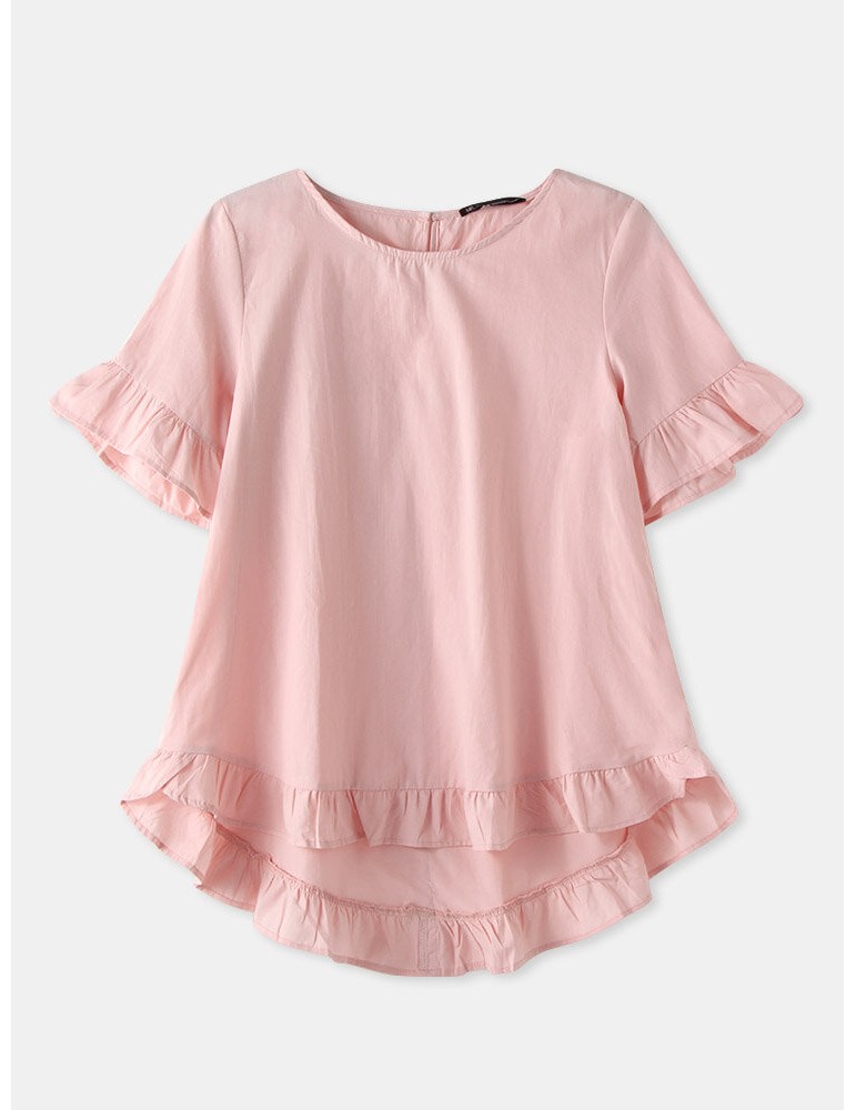 Blouses & Shirts - Solid Color O-neck Ruffle Sleeve Plain Casual Blouse For Women