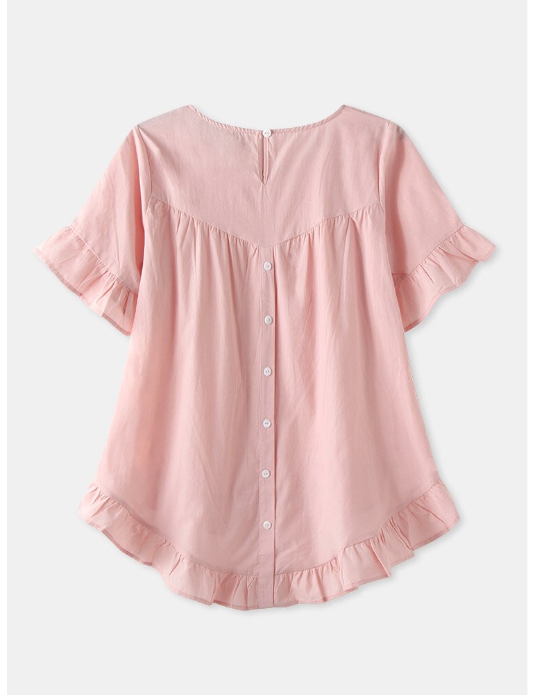 Blouses & Shirts - Solid Color O-neck Ruffle Sleeve Plain Casual Blouse For Women