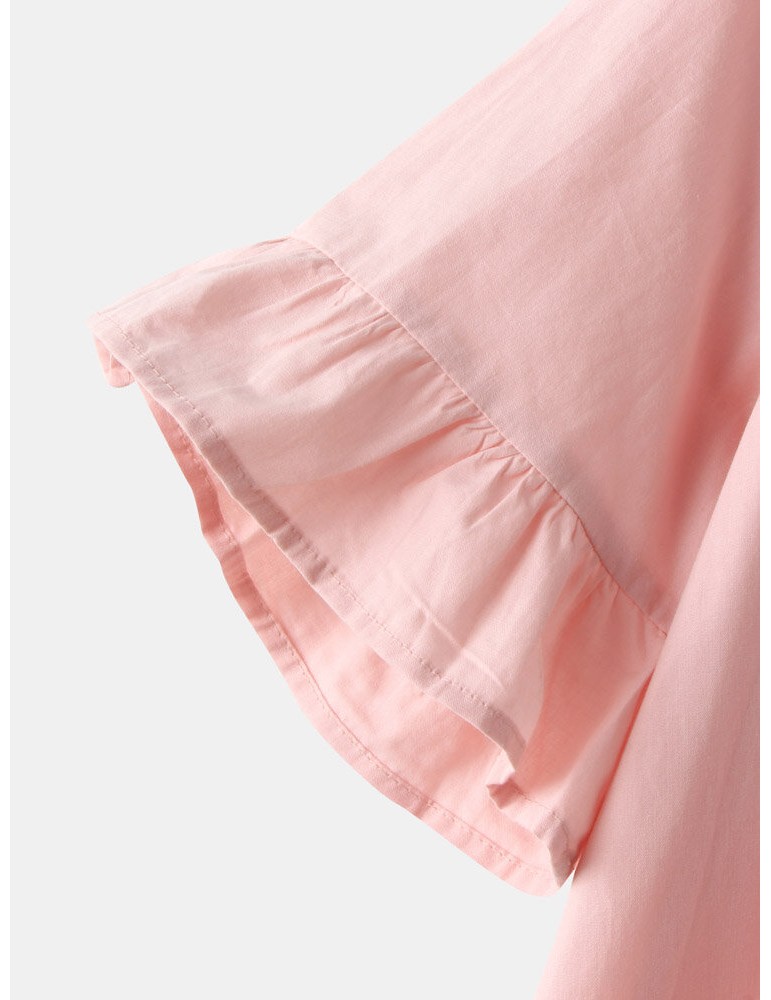 Blouses & Shirts - Solid Color O-neck Ruffle Sleeve Plain Casual Blouse For Women