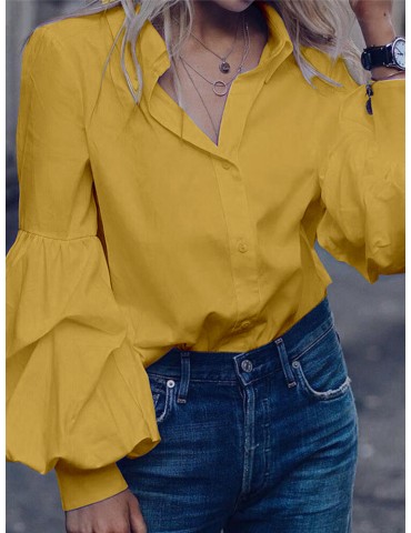 Solid Color Turn-down Collar Long Puffs Sleeve Blouse For Women