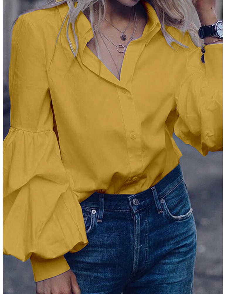 Blouses & Shirts - Solid Color Turn-down Collar Long Puffs Sleeve Blouse For Women