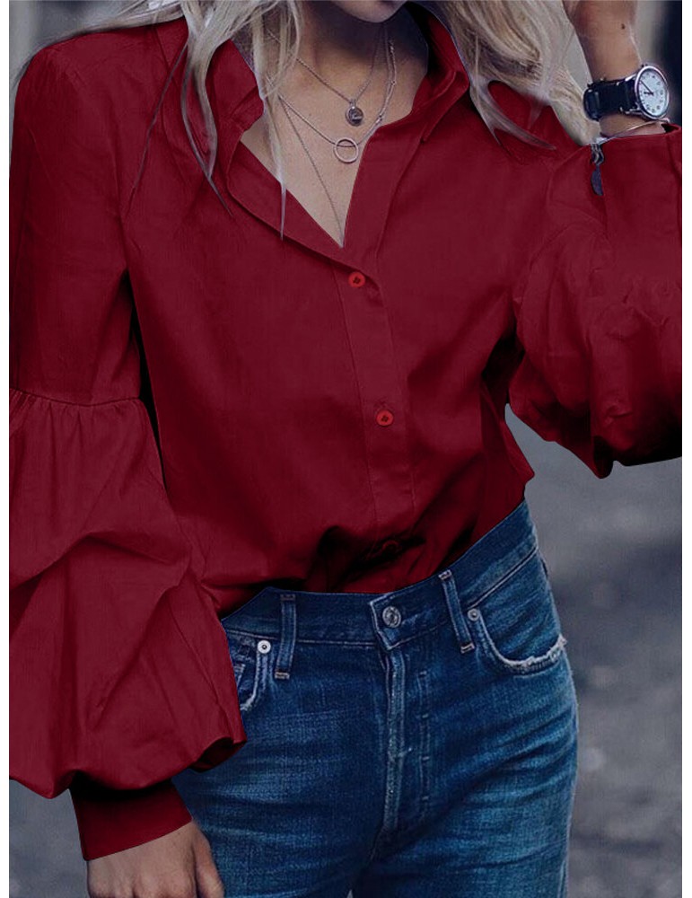 Blouses & Shirts - Solid Color Turn-down Collar Long Puffs Sleeve Blouse For Women