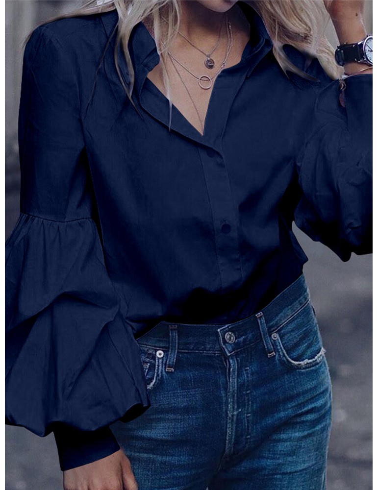 Blouses & Shirts - Solid Color Turn-down Collar Long Puffs Sleeve Blouse For Women