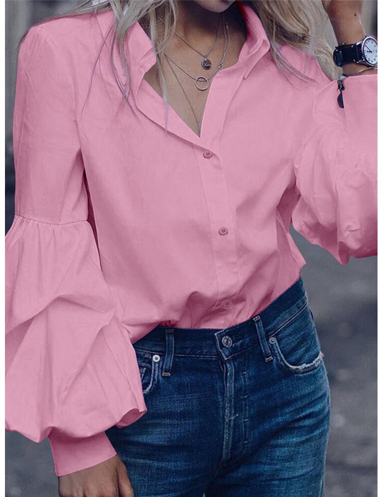 Blouses & Shirts - Solid Color Turn-down Collar Long Puffs Sleeve Blouse For Women