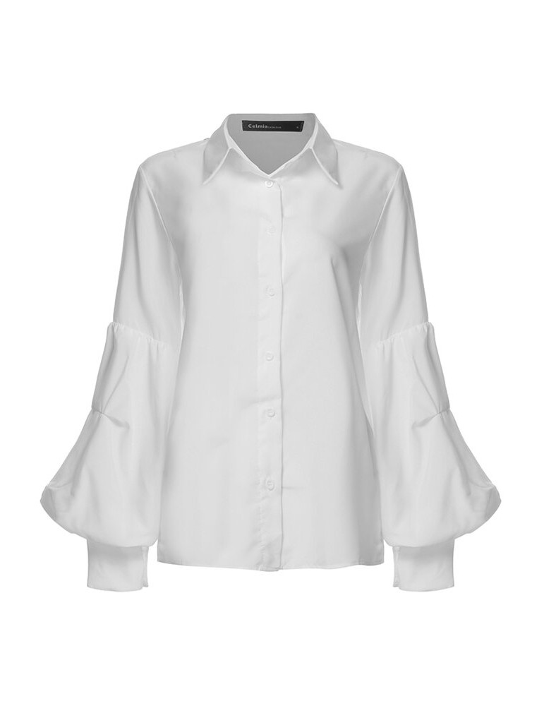 Blouses & Shirts - Solid Color Turn-down Collar Long Puffs Sleeve Blouse For Women