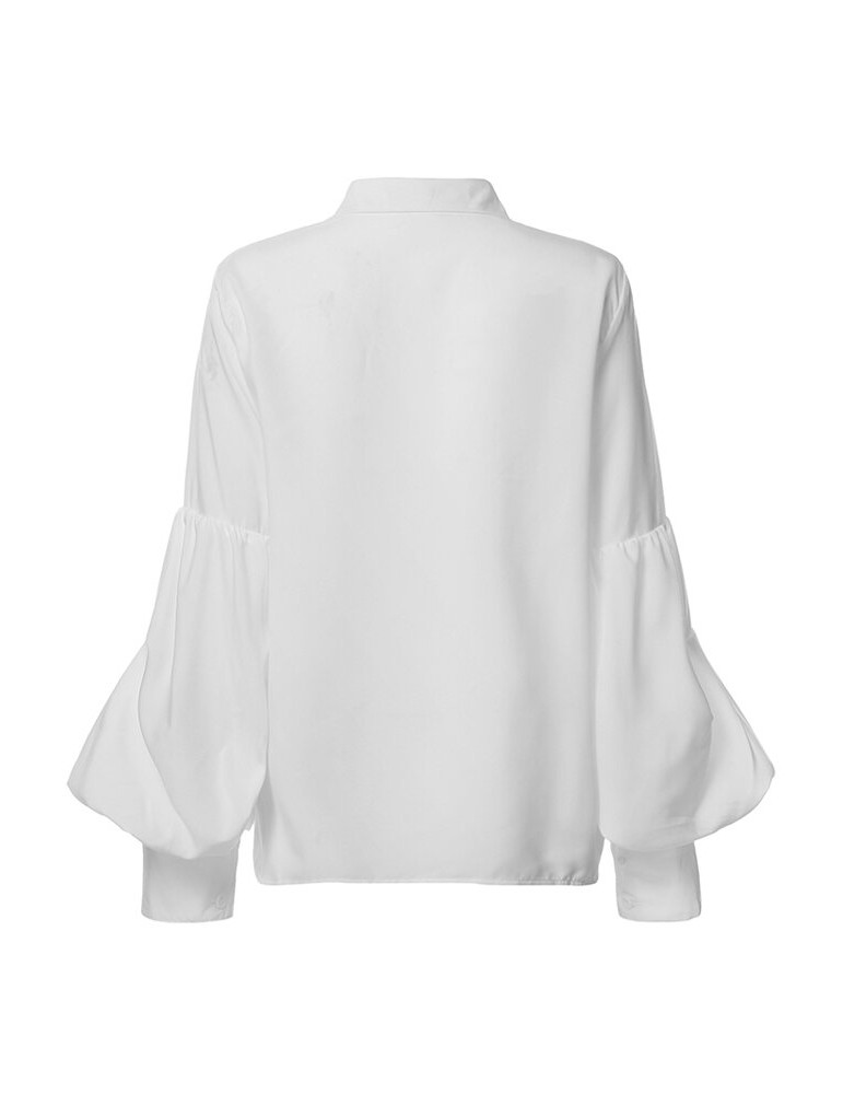 Blouses & Shirts - Solid Color Turn-down Collar Long Puffs Sleeve Blouse For Women