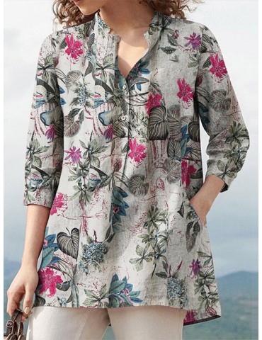 Women 100% Cotton V-Neck Floral Top Vintage Button Cuffs Three Quarter Sleeve Shirt