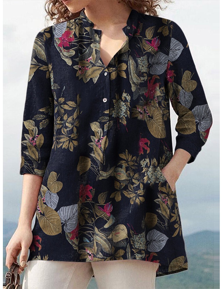 Blouses & Shirts - Women 100% Cotton V-Neck Floral Top Vintage Button Cuffs Three Quarter Sleeve Shirt