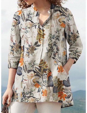 Women 100% Cotton V-Neck Floral Top Vintage Button Cuffs Three Quarter Sleeve Shirt