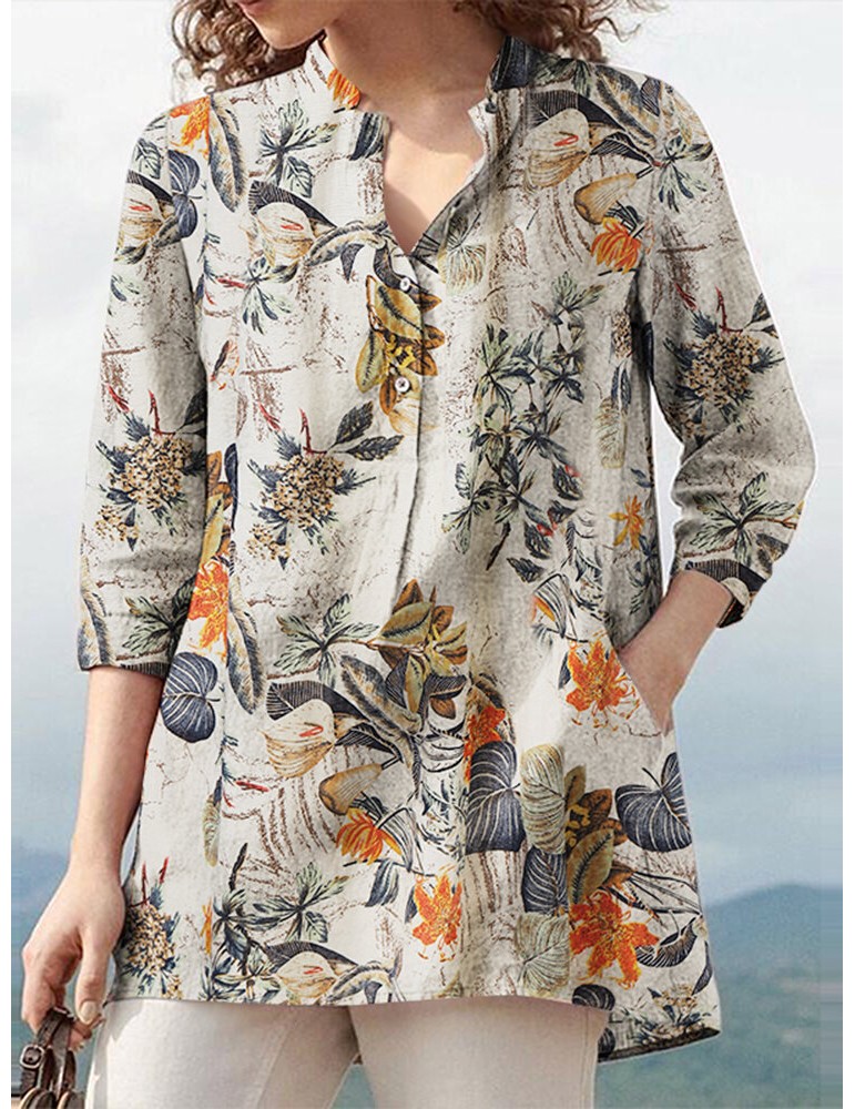Blouses & Shirts - Women 100% Cotton V-Neck Floral Top Vintage Button Cuffs Three Quarter Sleeve Shirt
