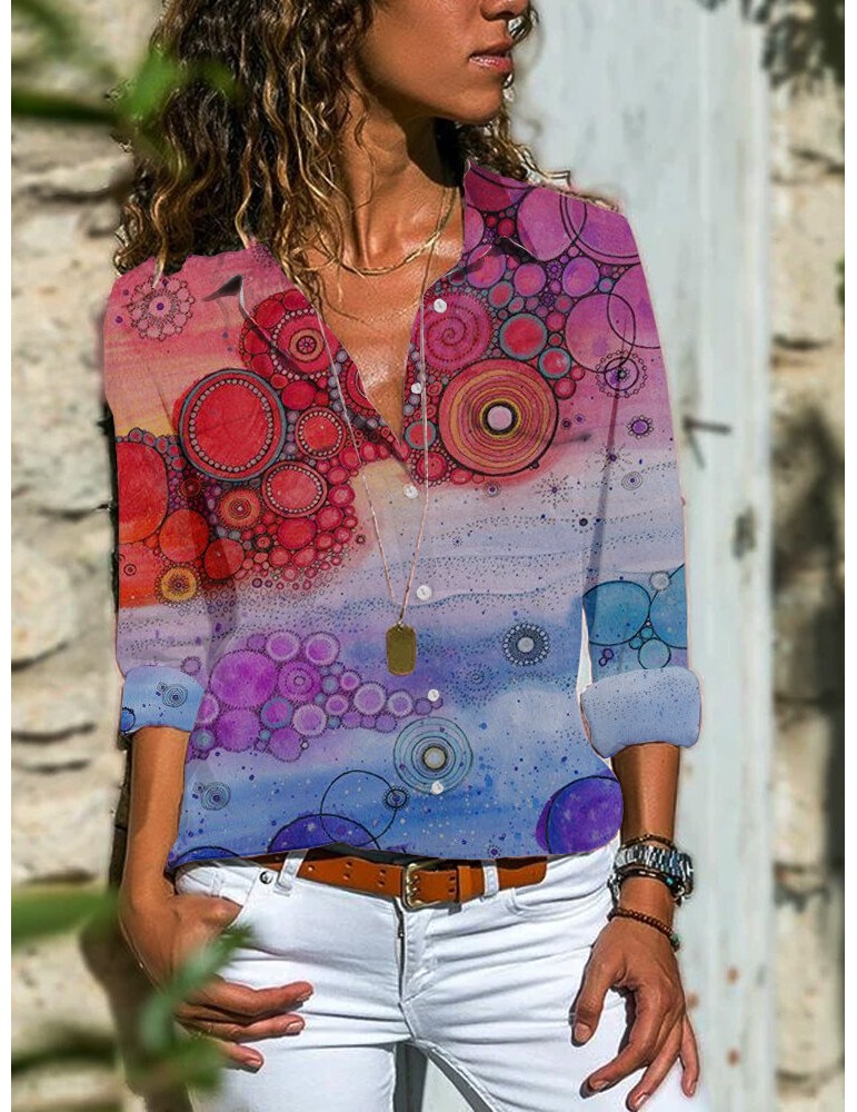 Blouses & Shirts - Women Vintage Ethnic Printed Tie Dye Lapel Collar Long Sleeve Shirt