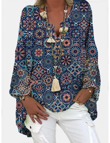 Women Vintage Geometric Printed V-Neck Loose Blouses