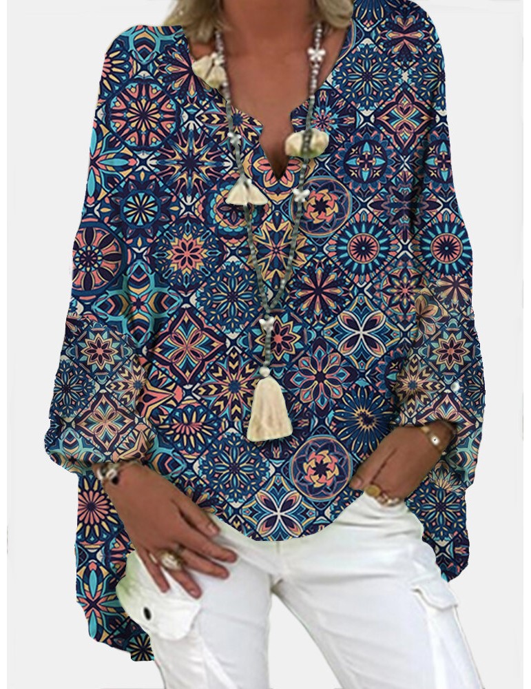 Blouses & Shirts - Women Vintage Geometric Printed V-Neck Loose Blouses