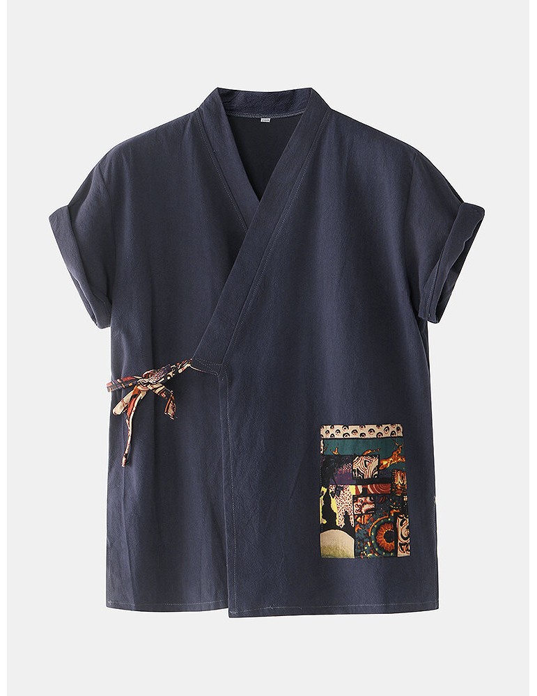 Pajamas - Mens Cotton Vintage Print V-Neck Tie Side Kimono Relaxed Fit Short Pajamas Sets