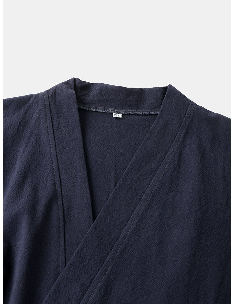 Pajamas - Mens Cotton Vintage Print V-Neck Tie Side Kimono Relaxed Fit Short Pajamas Sets